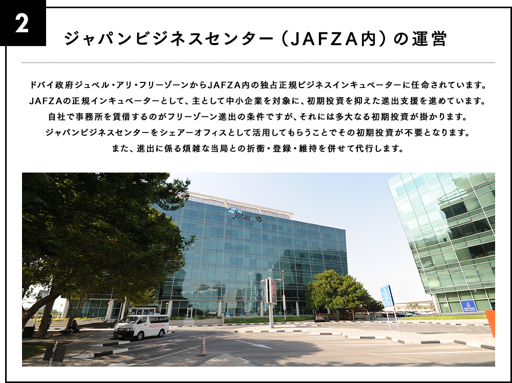 インキュベーションゾーン特区（JAFZA内）の運営　ジャパン・デスクの運営（日本代理店とは別機能）　自社ライセンスのメンテナンス不要